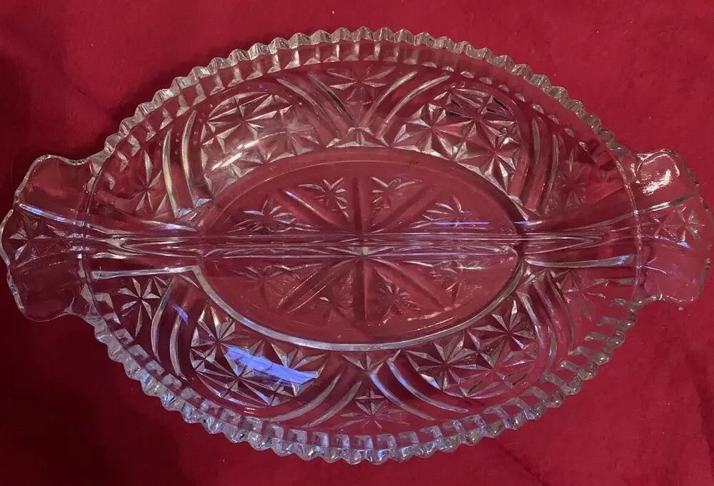 Vintage Anchor Hocking EAPC Clear Glass Oval Divided Serving Relish Stars/bars